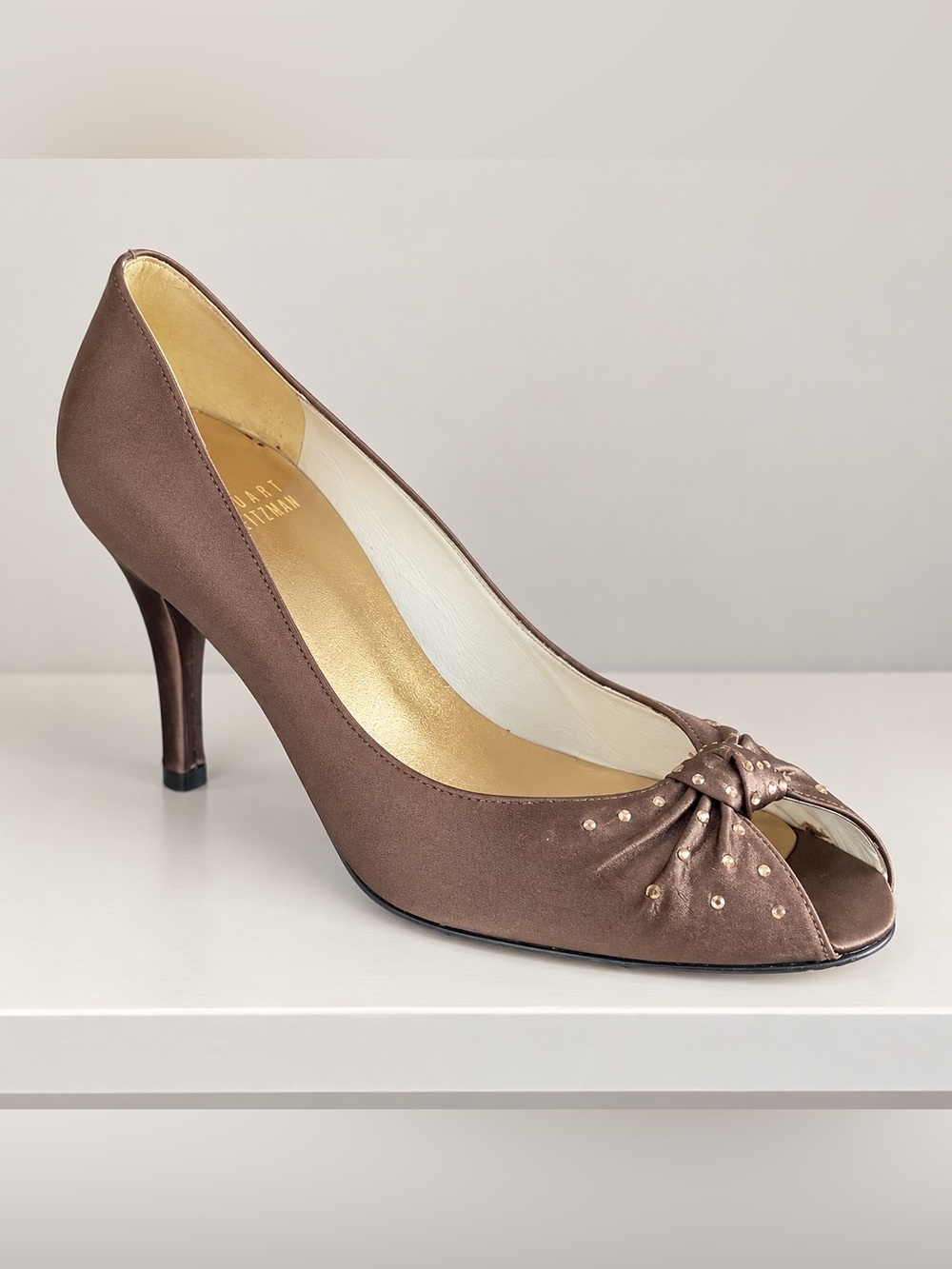 Stuart Weitzman metallic brown satin bow open toe rhinestone heel 6.5
